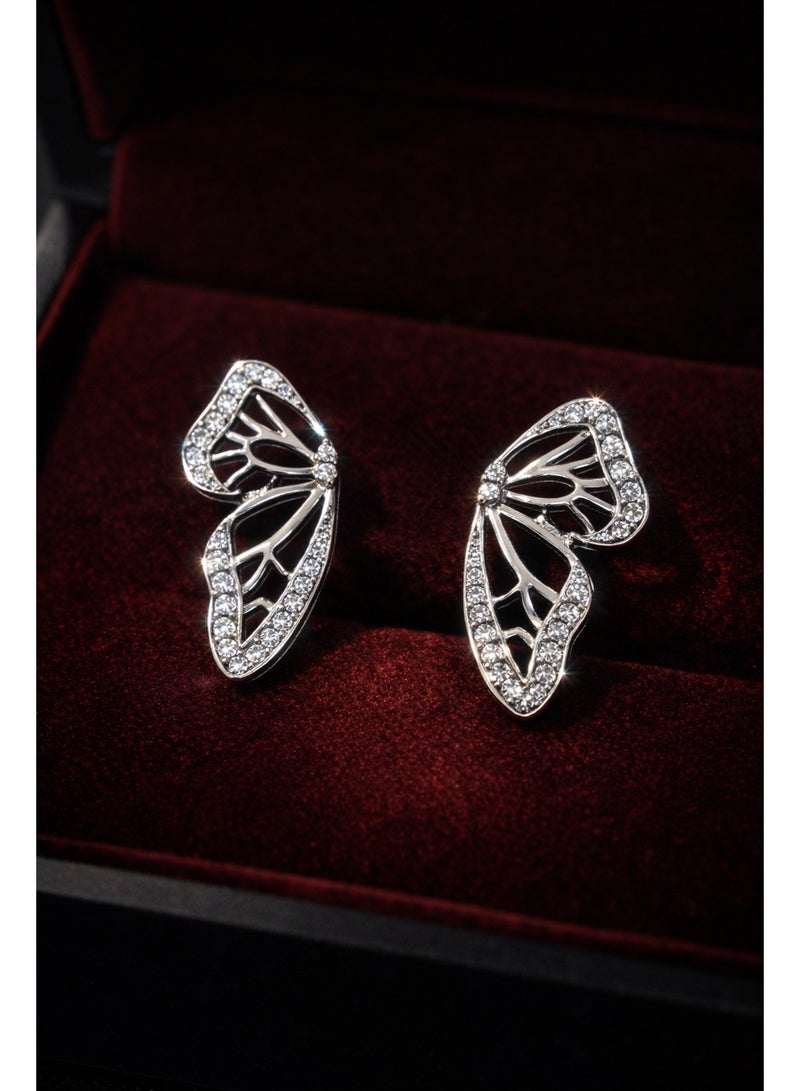 3Diamonds Silver Butterfly Wing Stud Earrings with Zircon – Platinum Rhodium Plated - Image 2